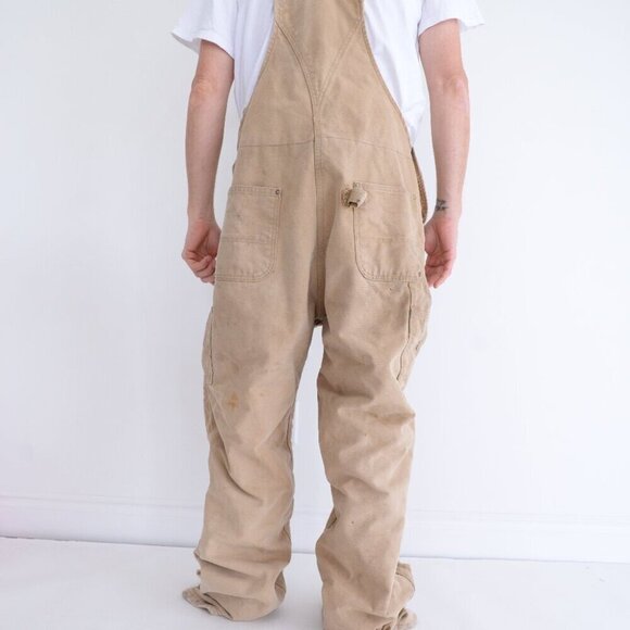 '06 Carhartt Distressed W/ Paint Splatter Tan Quilt Lined Overalls 40x36 USA - Picture 2 of 15